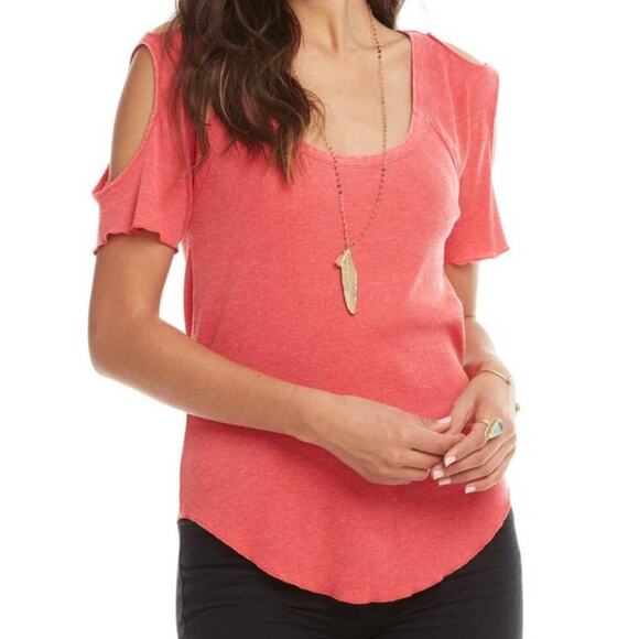 Chaser Double Cold Shoulder Ribbed Red T-Shirt - M - Picture 1 of 7